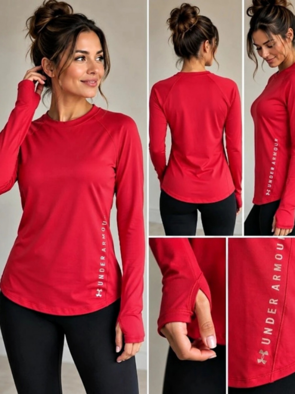 Under Armour ColdGear Red Fitted Athletic Athleisure Running Top Thumb Holes M